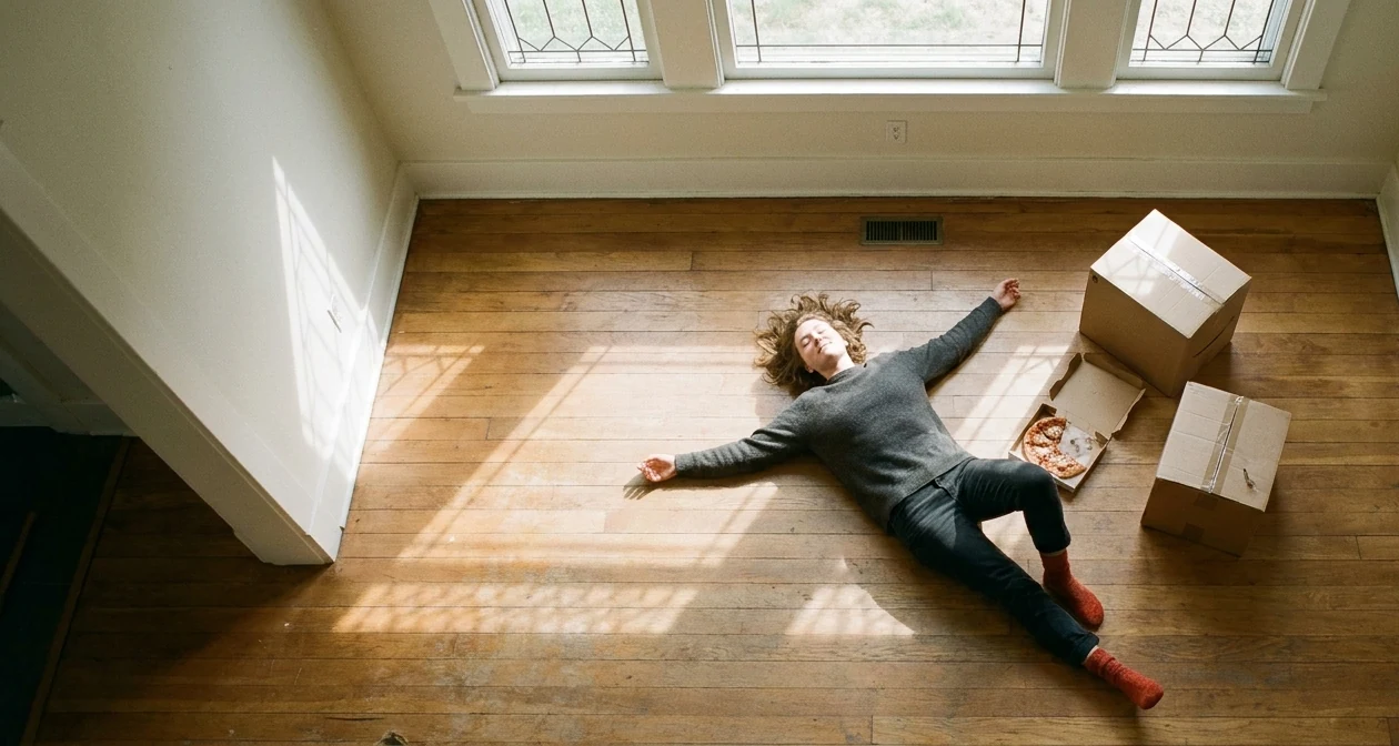 Overhead shot of someone lying arms-out on the bare floor of their new living room on move-in day, boxes and a pizza box beside them